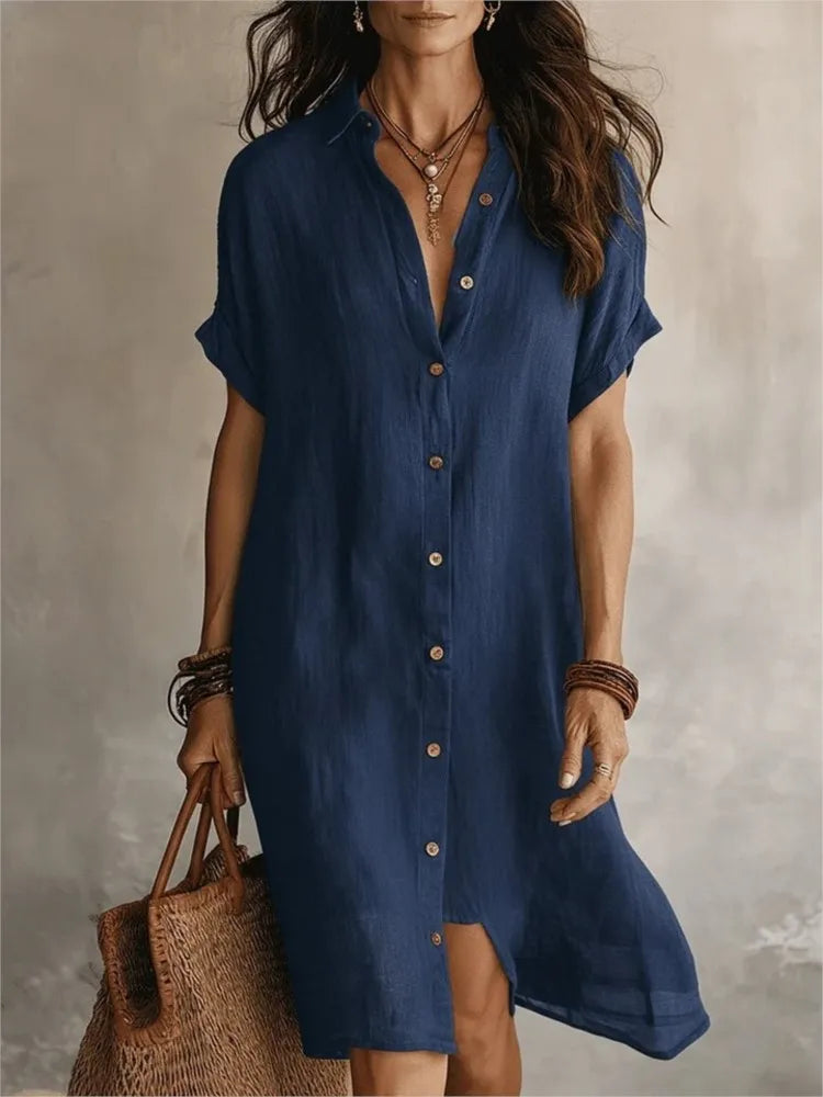 Josie V-Neck Button-Front Shirt Dress in Navy