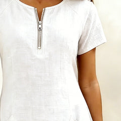 Tamsin dress in White, zip neckline close-up