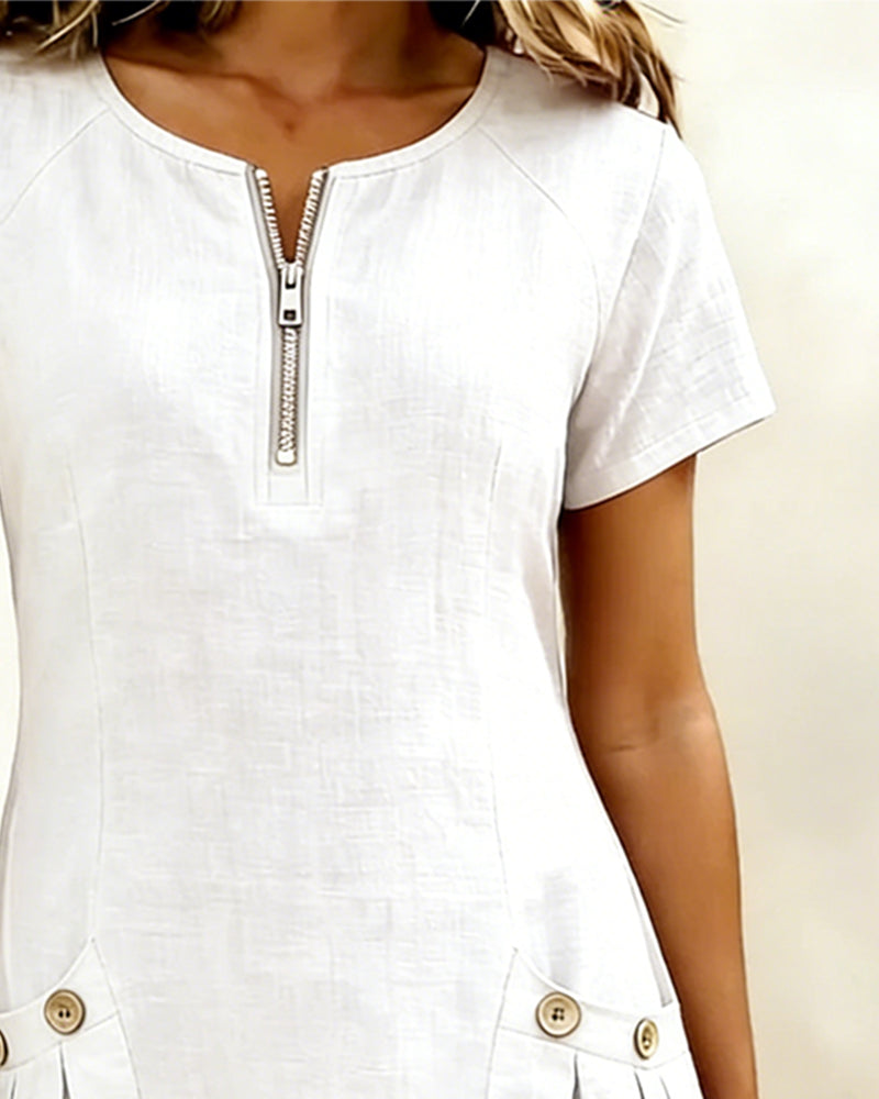 Tamsin dress in White, zip neckline close-up