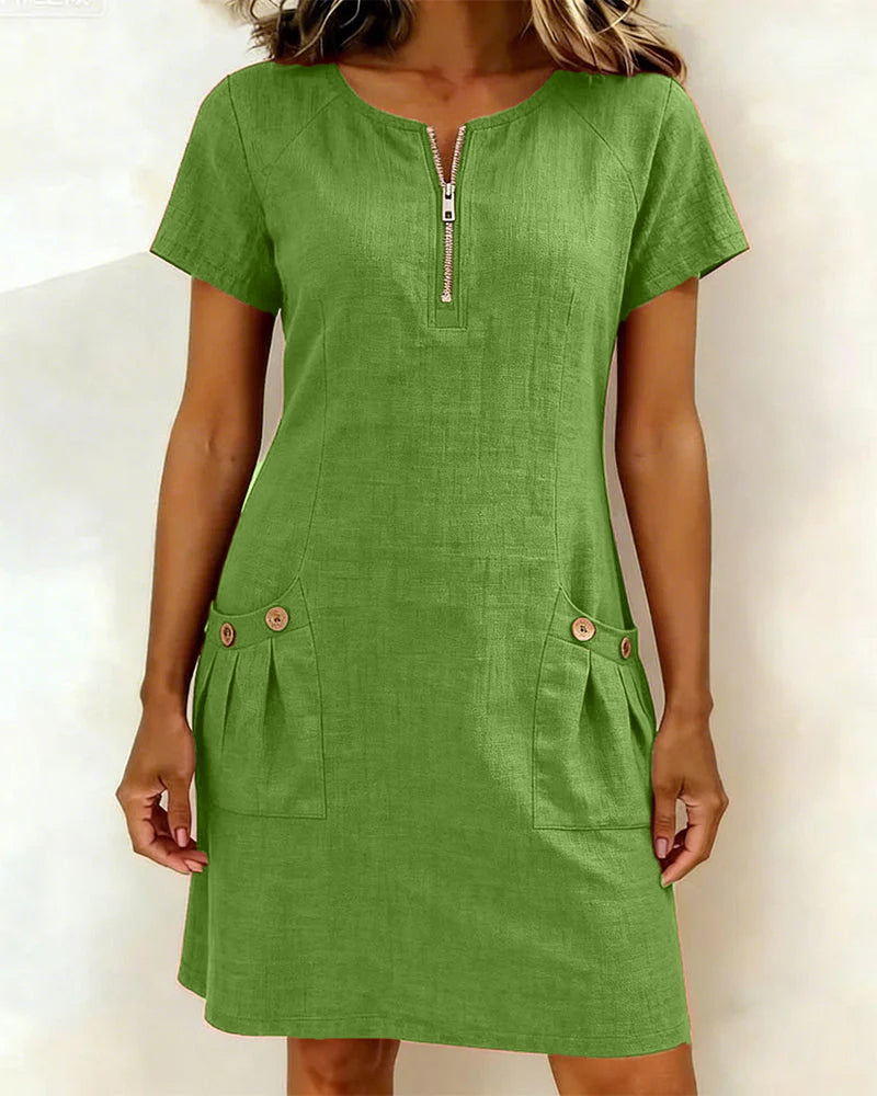 Tamsin zip-neck cotton-linen dress in Green