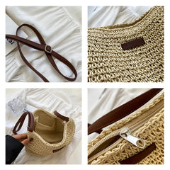 Petra woven crossbody bag details: buckle strap, woven texture, lined interior and zip