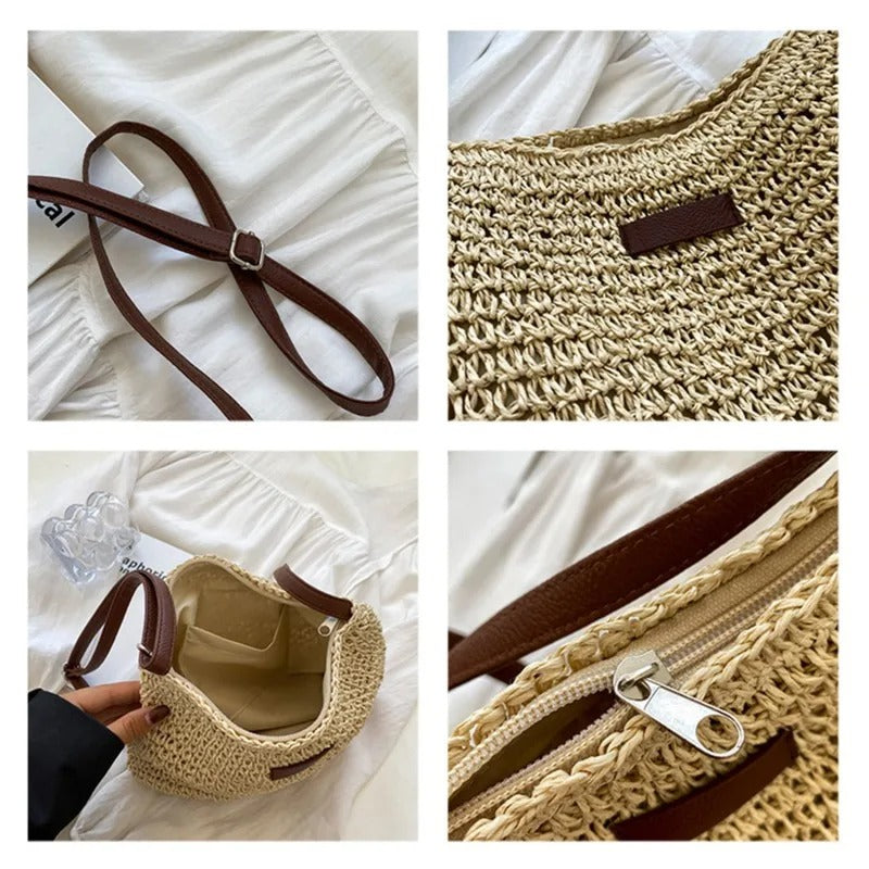 Petra woven crossbody bag details: buckle strap, woven texture, lined interior and zip