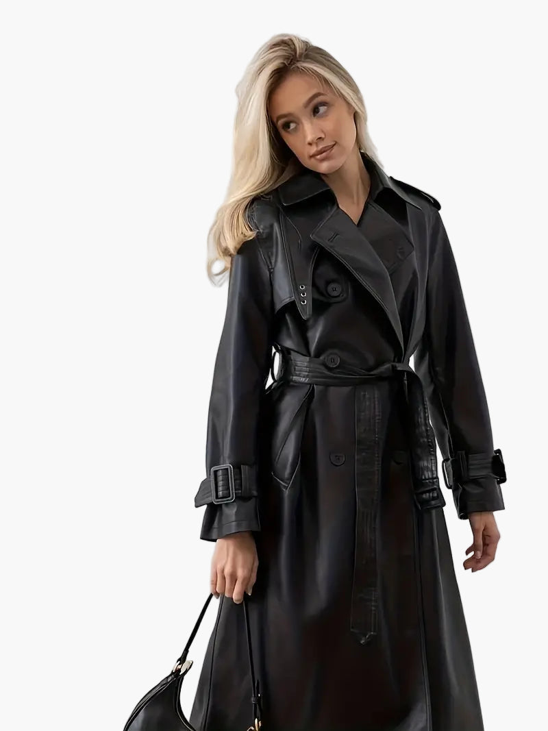 Marcella | Women's Long Belted Faux Leather Trench Coat