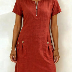 Tamsin zip-neck cotton-linen dress in Red