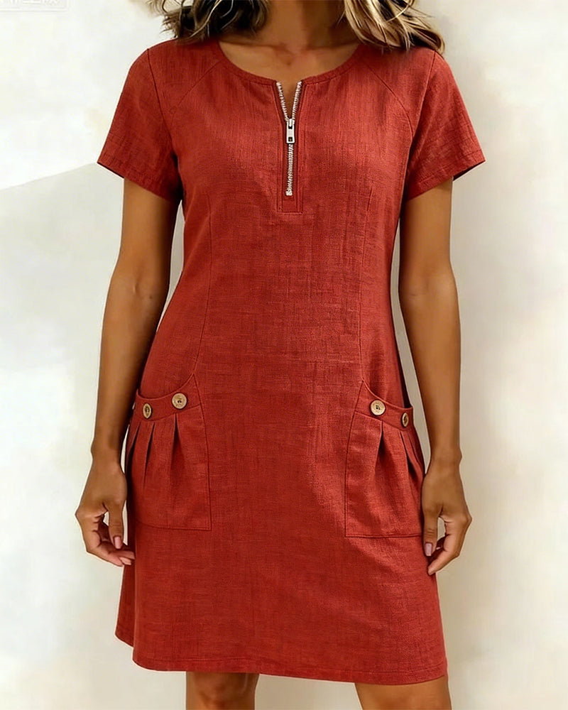 Tamsin zip-neck cotton-linen dress in Red