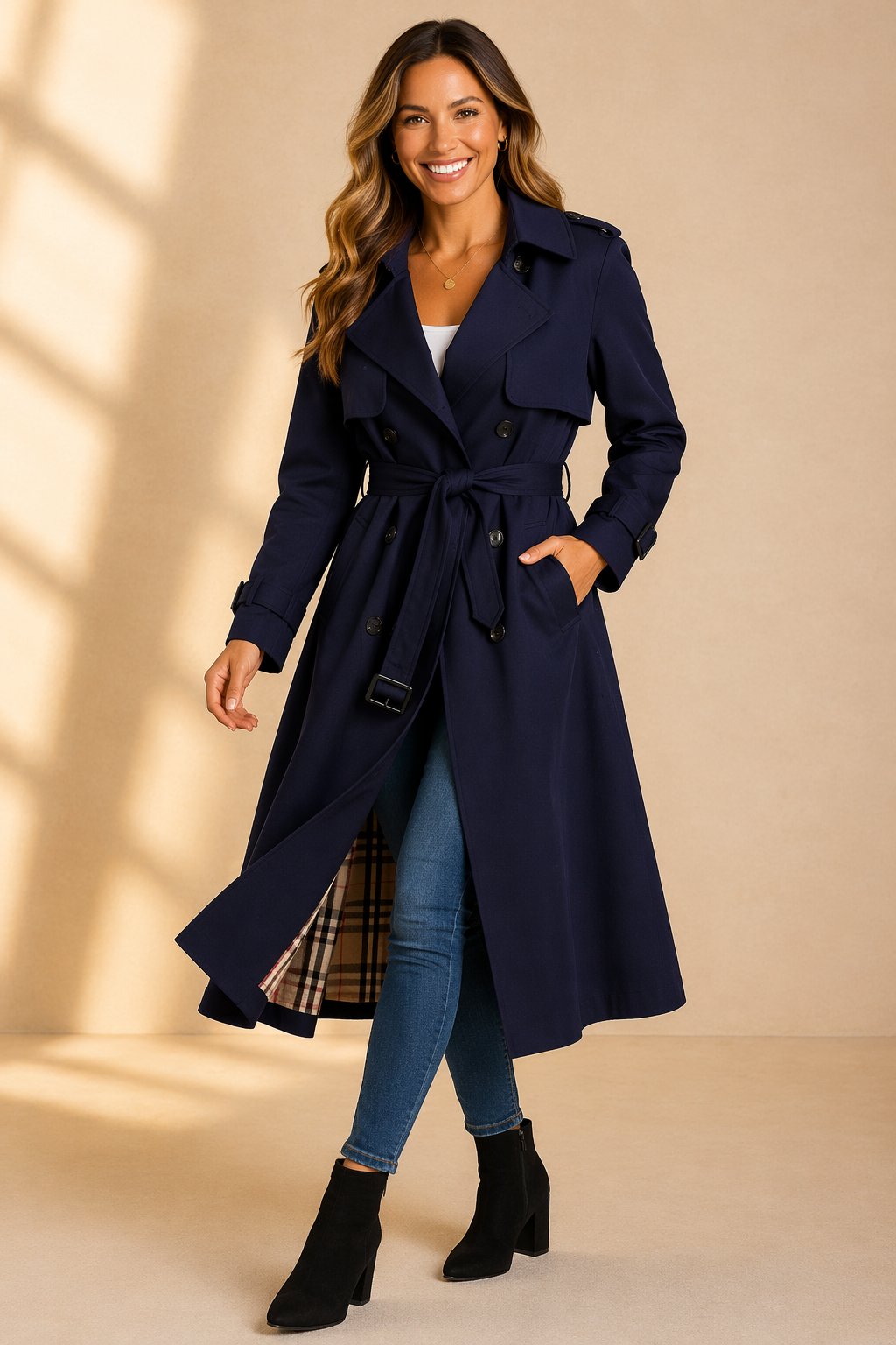 Stevie | Elegant Women's Long Trench Coat with Waist Belt