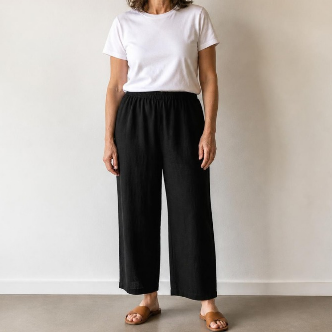 Greta Wide-Leg Pull-On Trousers in Black – clean front view