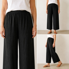 Greta Wide-Leg Pull-On Trousers in Black – elasticated waist detail and two full-length views