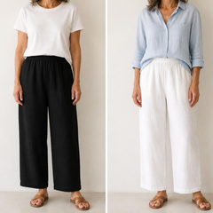 Greta Wide-Leg Pull-On Trousers in Black and White – two colours styled