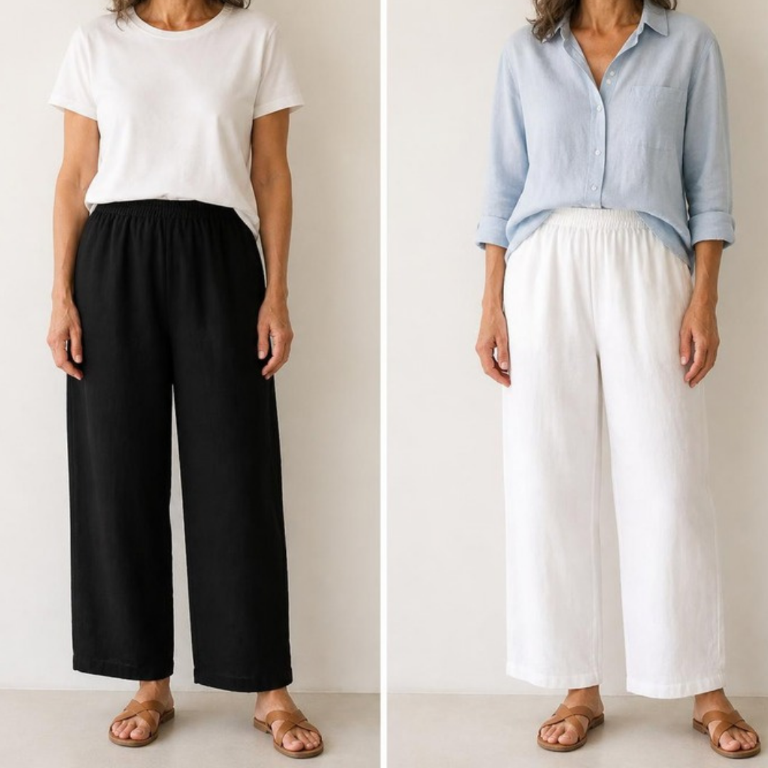 Greta Wide-Leg Pull-On Trousers in Black and White – two colours styled