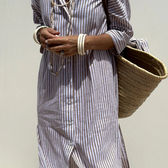 Henrietta striped midi shirt dress in Taupe Stripe