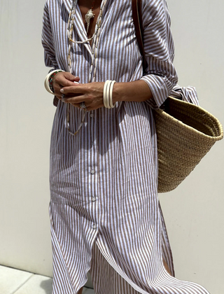 Henrietta striped midi shirt dress in Taupe Stripe