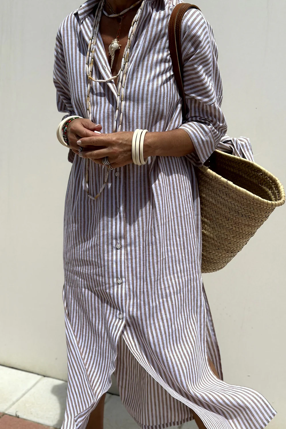 Henrietta striped midi shirt dress in Taupe Stripe