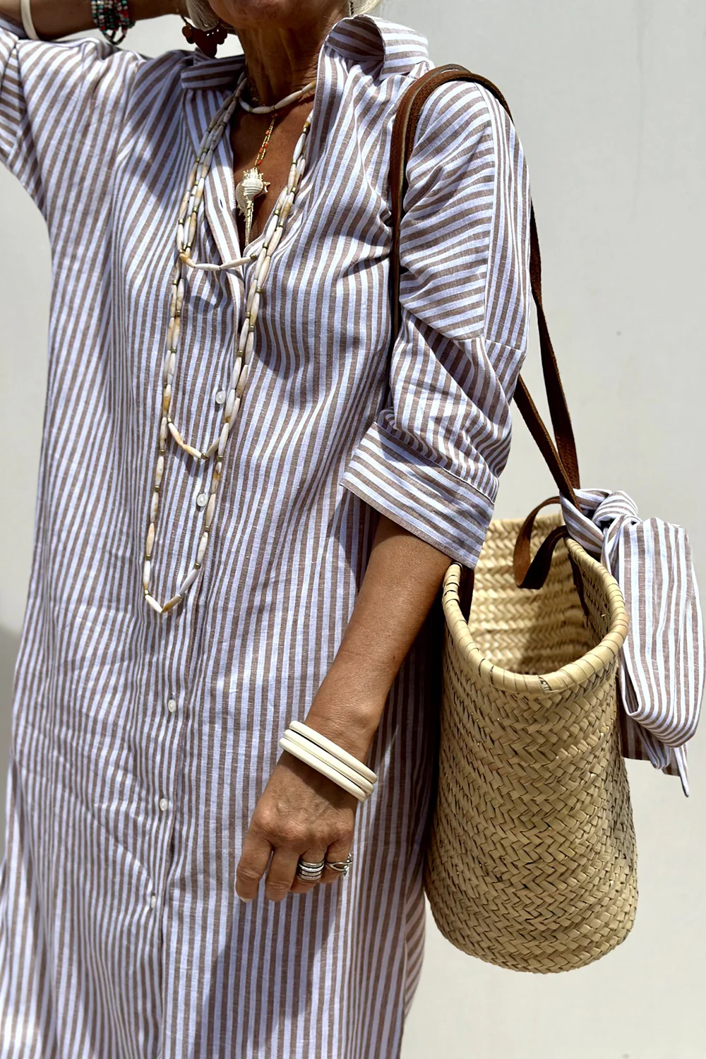 Henrietta shirt dress in Taupe Stripe, close view