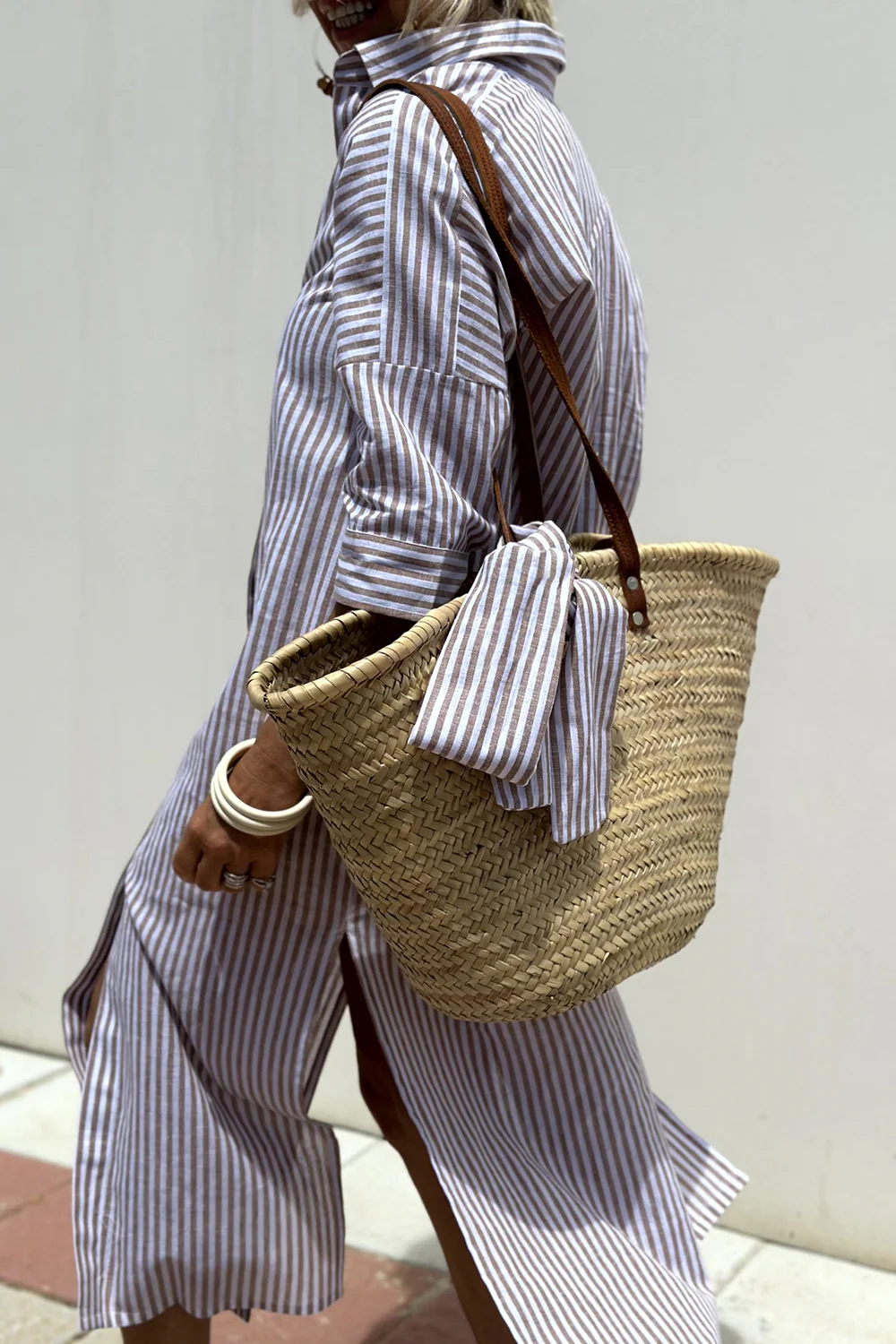 Henrietta shirt dress in Taupe Stripe, side view