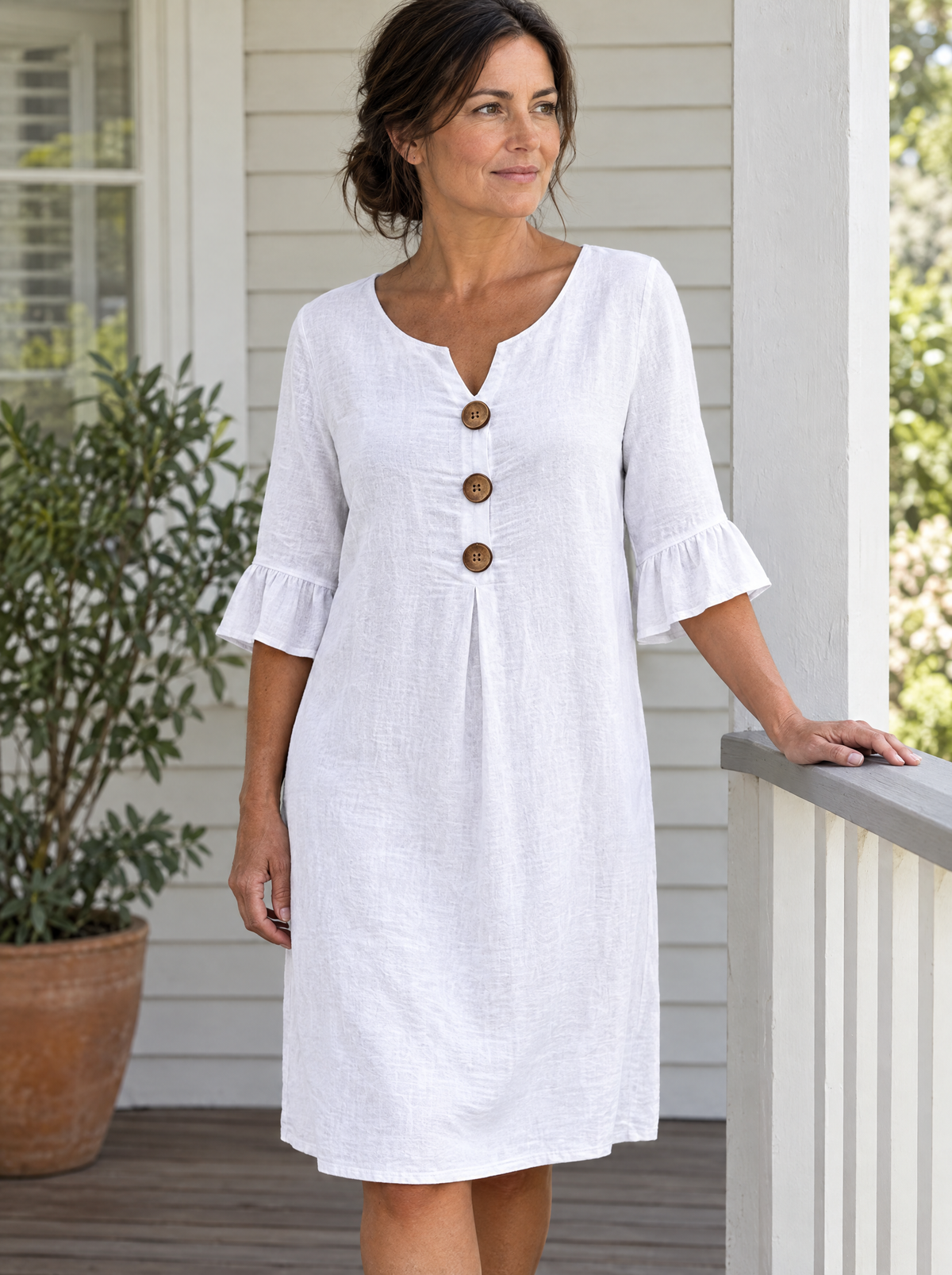 Naomi V-neck button detail dress in white, side angle