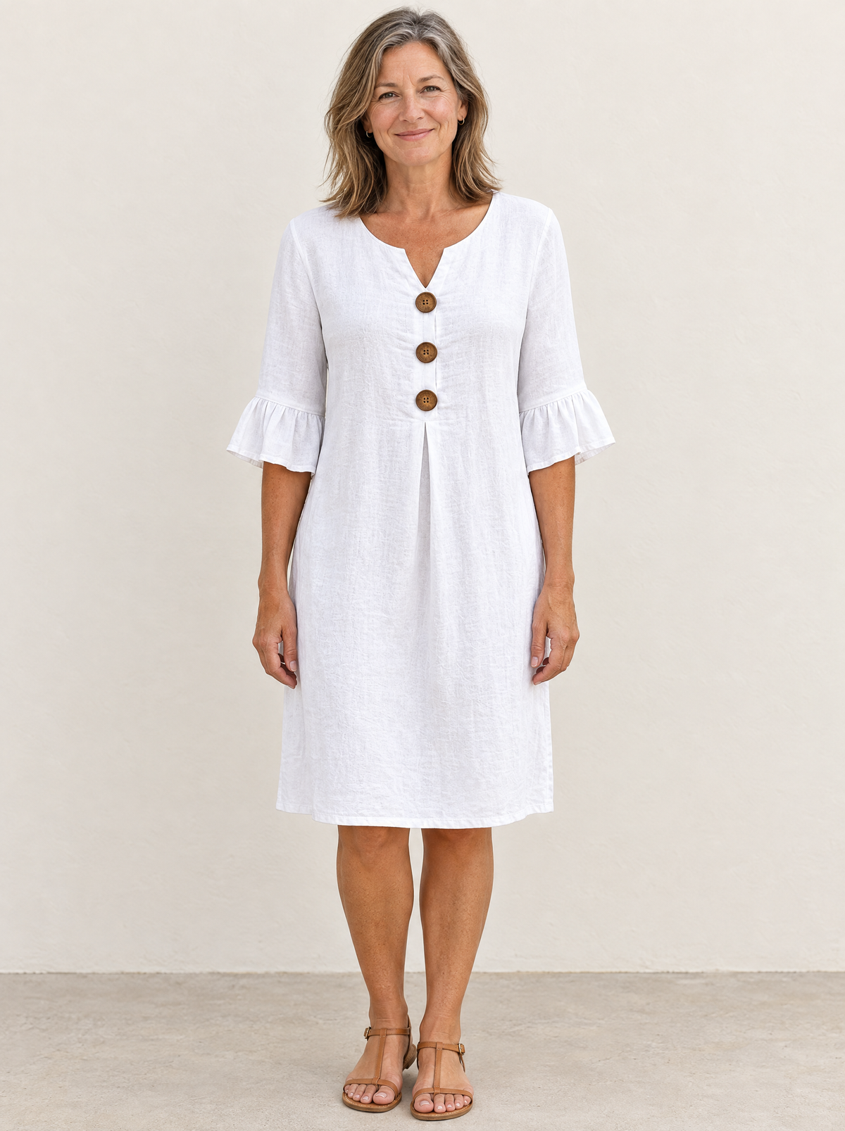Naomi V-neck button detail dress in white, front view