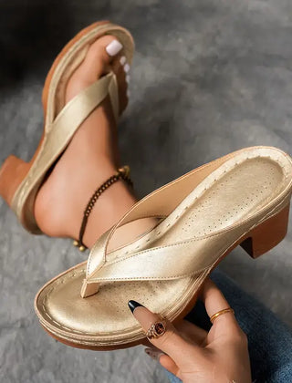 Colette block heel toe-post sandals in Gold