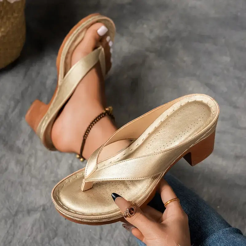 Colette block heel toe-post sandals in Gold