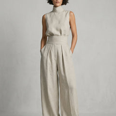Lucinda High-Neck Top & Wide-Leg Trouser Set in Beige – front view
