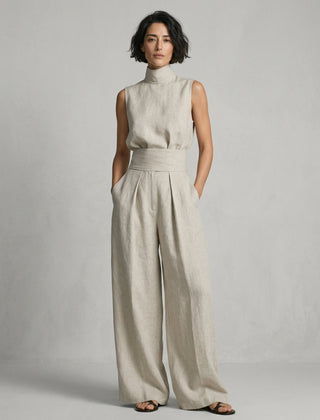 Lucinda High-Neck Top & Wide-Leg Trouser Set in Beige – front view