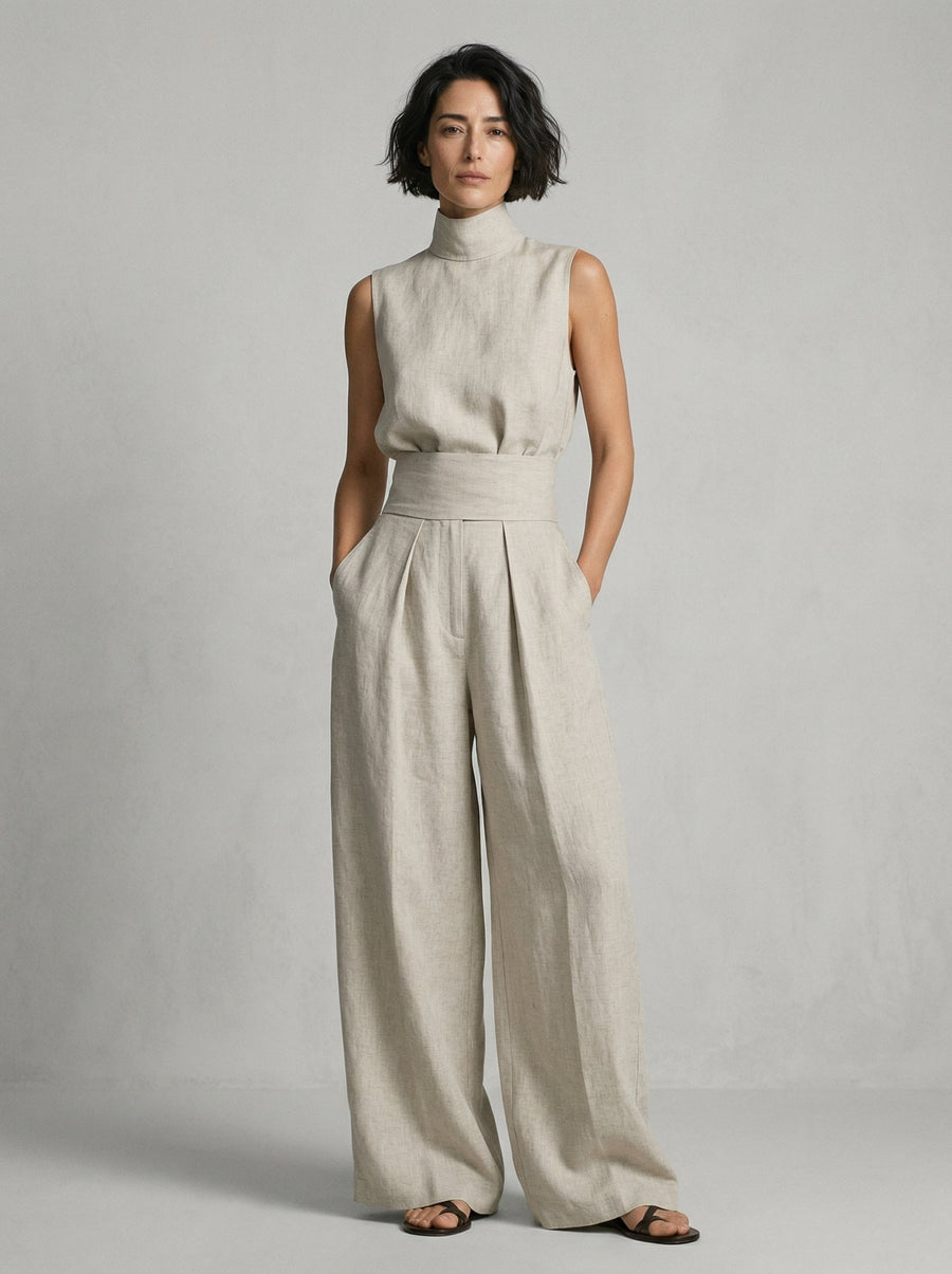 Lucinda High-Neck Top & Wide-Leg Trouser Set in Beige – front view