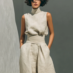 Lucinda High-Neck Top & Wide-Leg Trouser Set in Beige – close-up front view