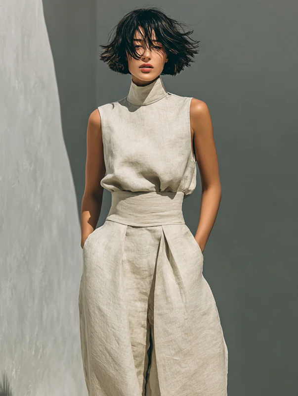 Lucinda High-Neck Top & Wide-Leg Trouser Set in Beige – close-up front view