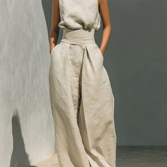 Lucinda High-Neck Top & Wide-Leg Trouser Set in Beige – full-length view