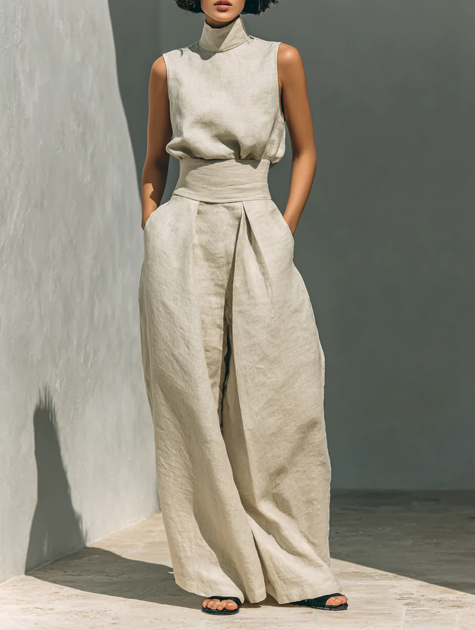 Lucinda High-Neck Top & Wide-Leg Trouser Set in Beige – full-length view