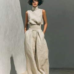 Lucinda High-Neck Top & Wide-Leg Trouser Set in Beige – hands in pockets