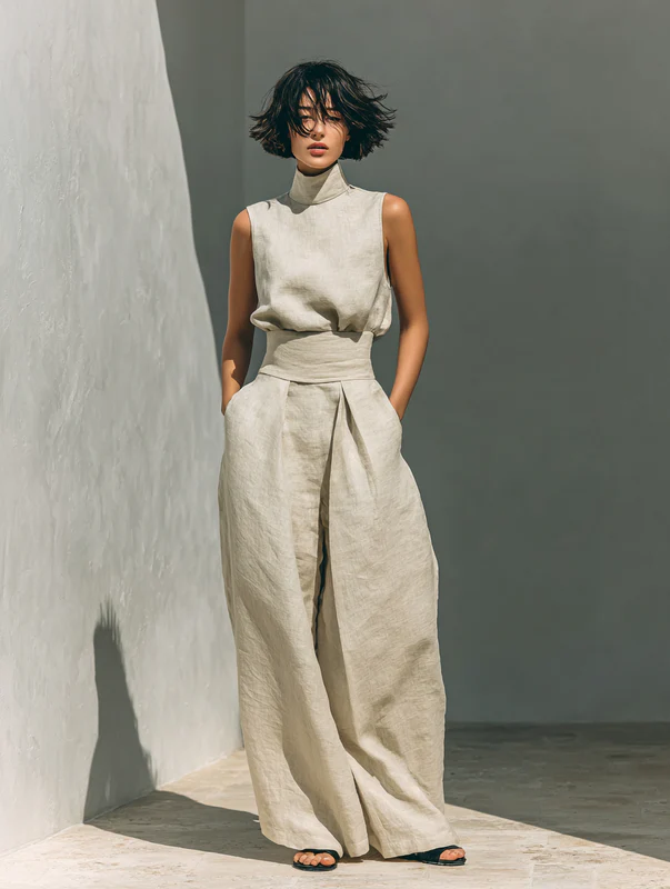 Lucinda High-Neck Top & Wide-Leg Trouser Set in Beige – hands in pockets