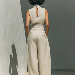 Lucinda High-Neck Top & Wide-Leg Trouser Set in Beige – back view