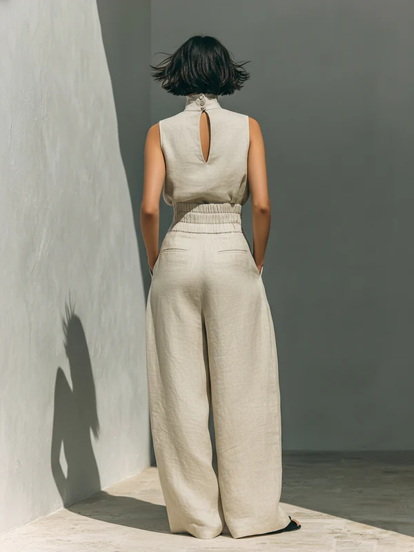 Lucinda High-Neck Top & Wide-Leg Trouser Set in Beige – back view