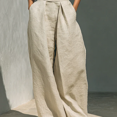 Lucinda High-Neck Top & Wide-Leg Trouser Set in Beige – wide-leg trouser detail