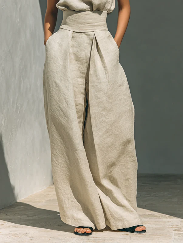 Lucinda High-Neck Top & Wide-Leg Trouser Set in Beige – wide-leg trouser detail
