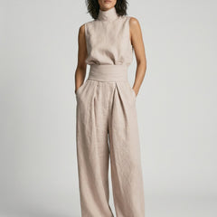Lucinda High-Neck Top & Wide-Leg Trouser Set in Blush Pink – front view
