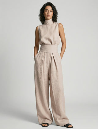 Lucinda High-Neck Top & Wide-Leg Trouser Set in Blush Pink – front view