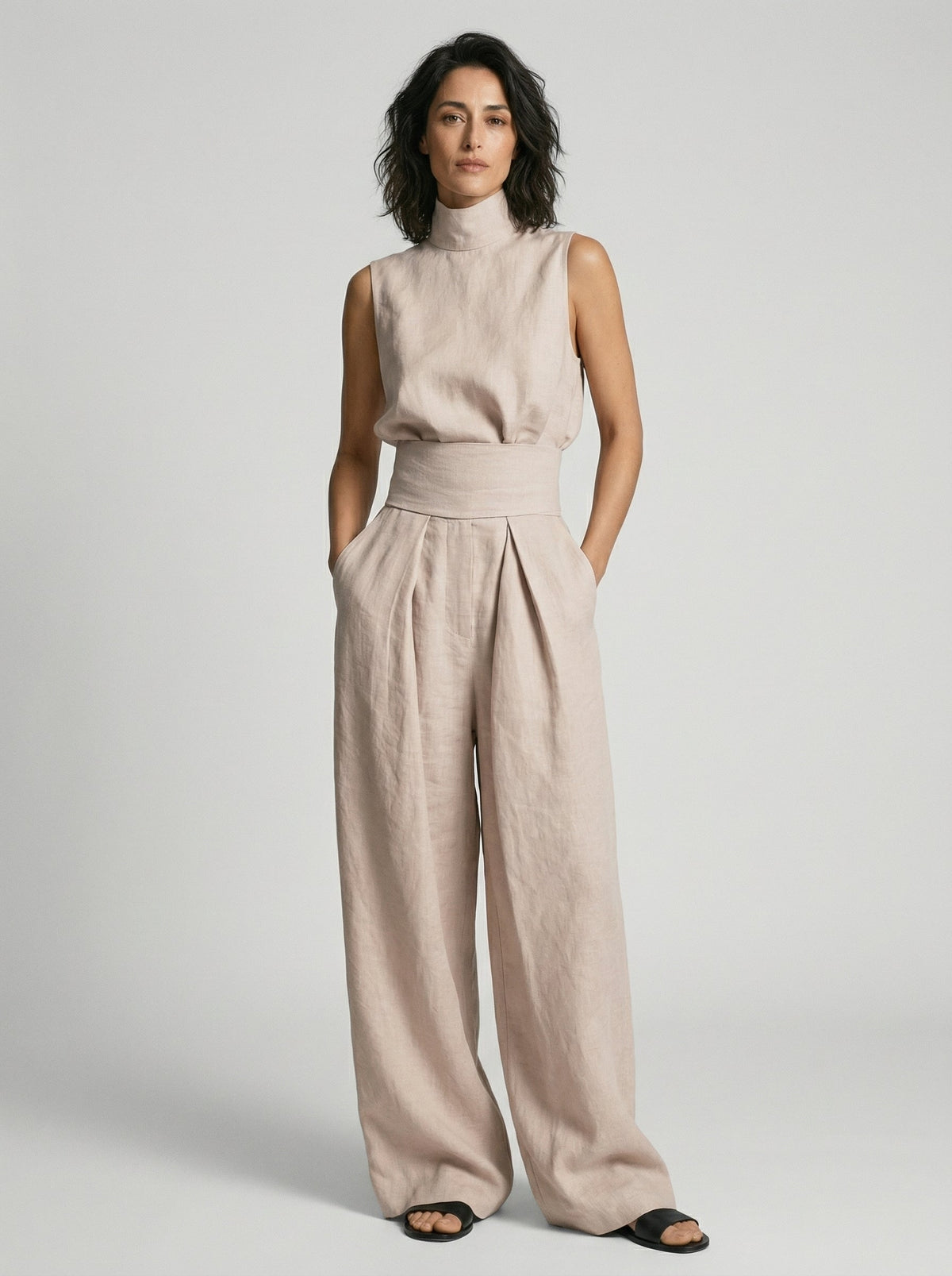 Lucinda High-Neck Top & Wide-Leg Trouser Set in Blush Pink – front view
