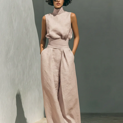 Lucinda High-Neck Top & Wide-Leg Trouser Set in Blush Pink – alternate view