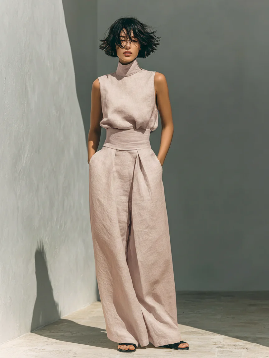 Lucinda High-Neck Top & Wide-Leg Trouser Set in Blush Pink – alternate view