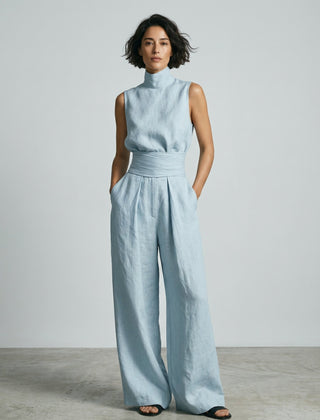 Lucinda High-Neck Top & Wide-Leg Trouser Set in Light Blue – front view