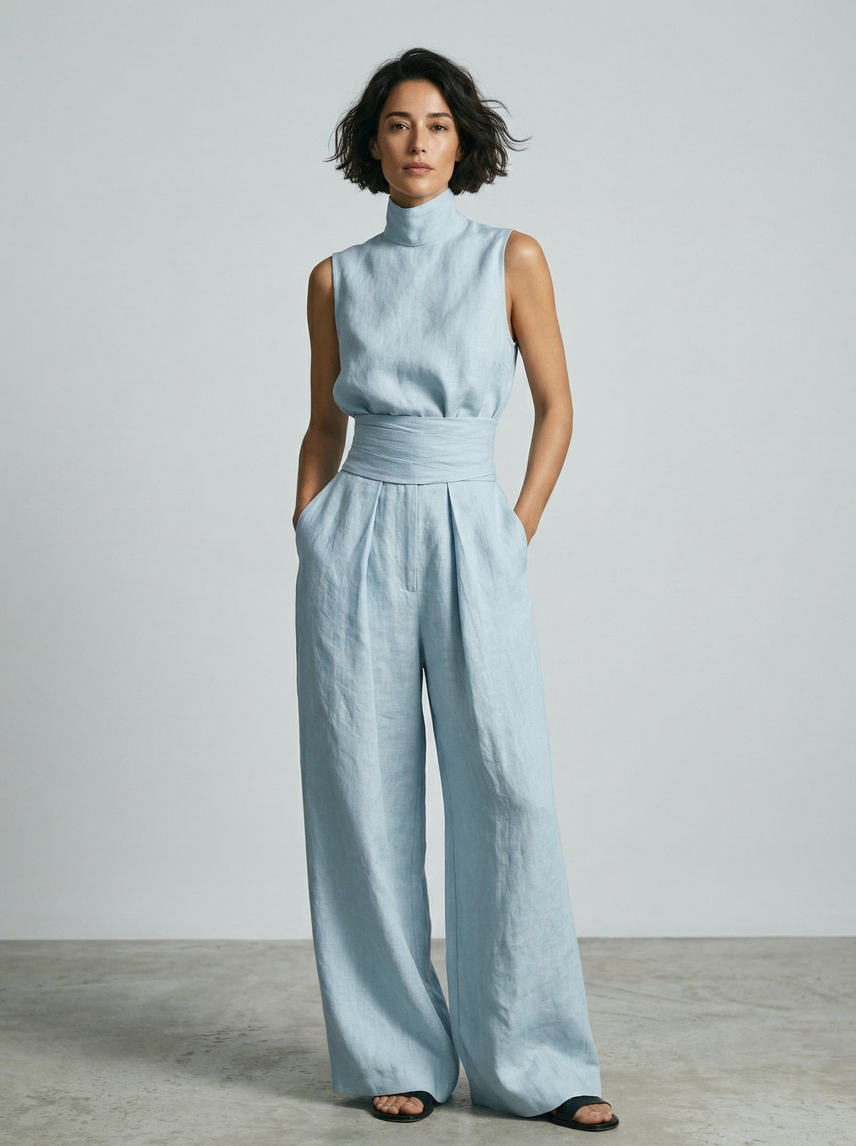 Lucinda High-Neck Top & Wide-Leg Trouser Set in Light Blue – front view