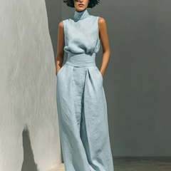 Lucinda High-Neck Top & Wide-Leg Trouser Set in Light Blue – alternate view