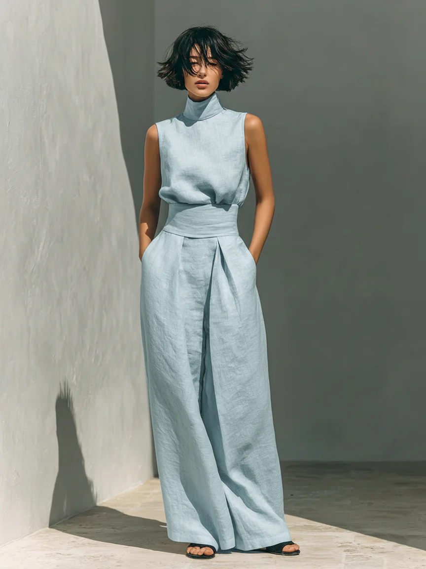 Lucinda High-Neck Top & Wide-Leg Trouser Set in Light Blue – alternate view