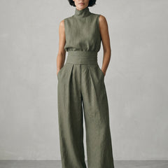 Lucinda High-Neck Top & Wide-Leg Trouser Set in Olive Green – front view
