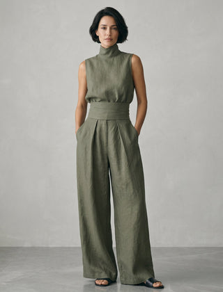 Lucinda High-Neck Top & Wide-Leg Trouser Set in Olive Green – front view