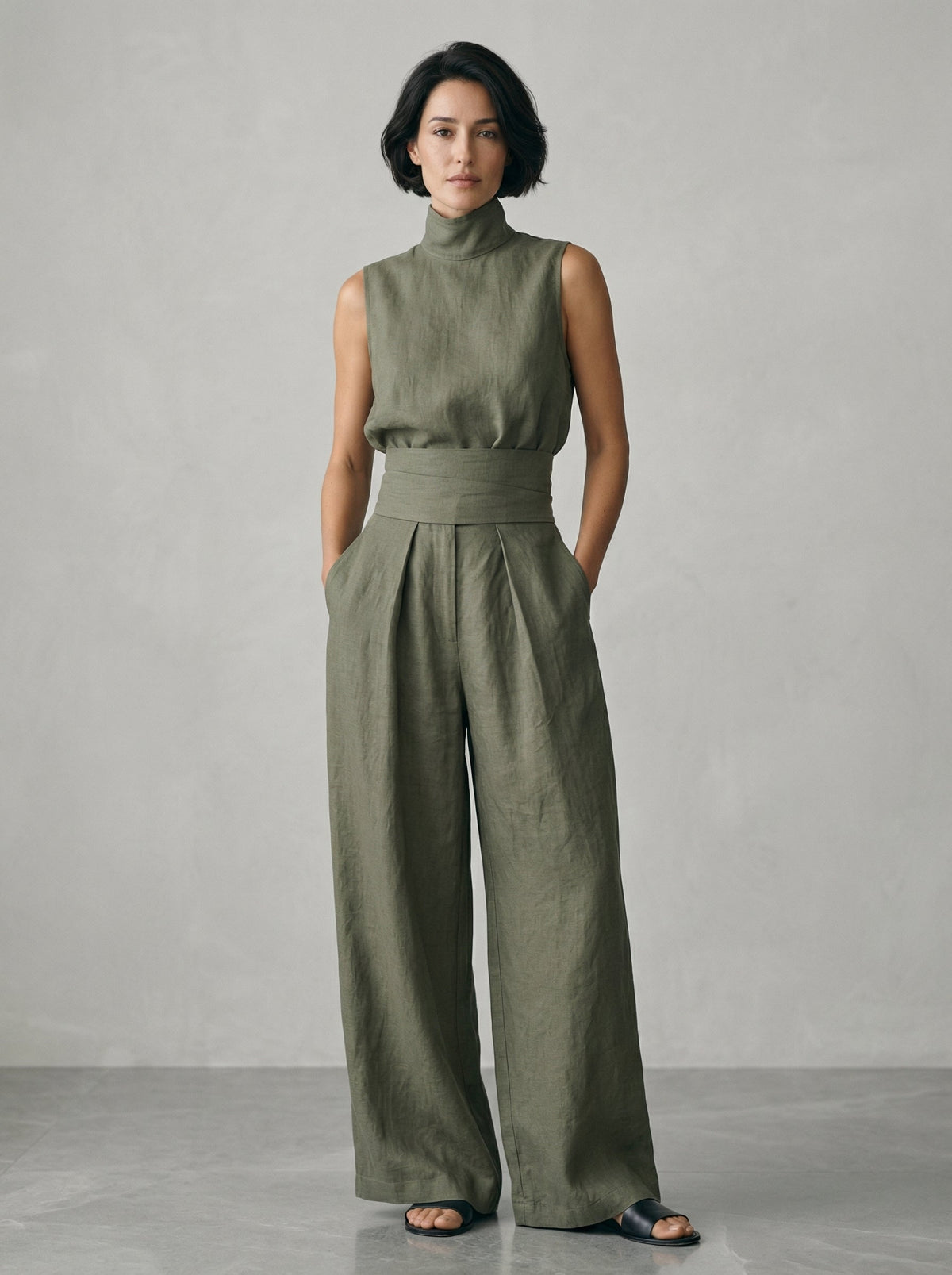 Lucinda High-Neck Top & Wide-Leg Trouser Set in Olive Green – front view