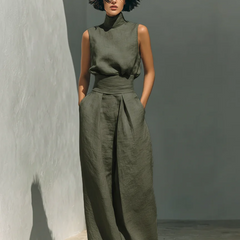 Lucinda High-Neck Top & Wide-Leg Trouser Set in Olive Green – alternate view