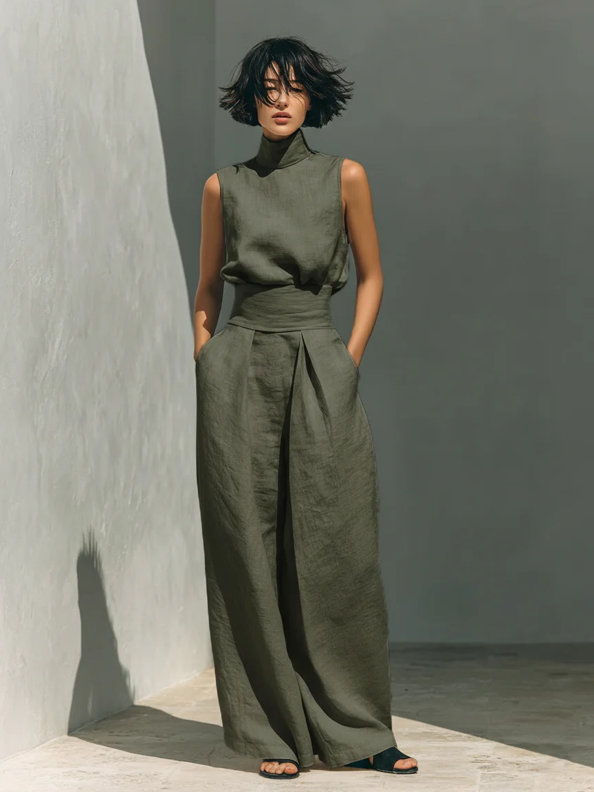 Lucinda High-Neck Top & Wide-Leg Trouser Set in Olive Green – alternate view
